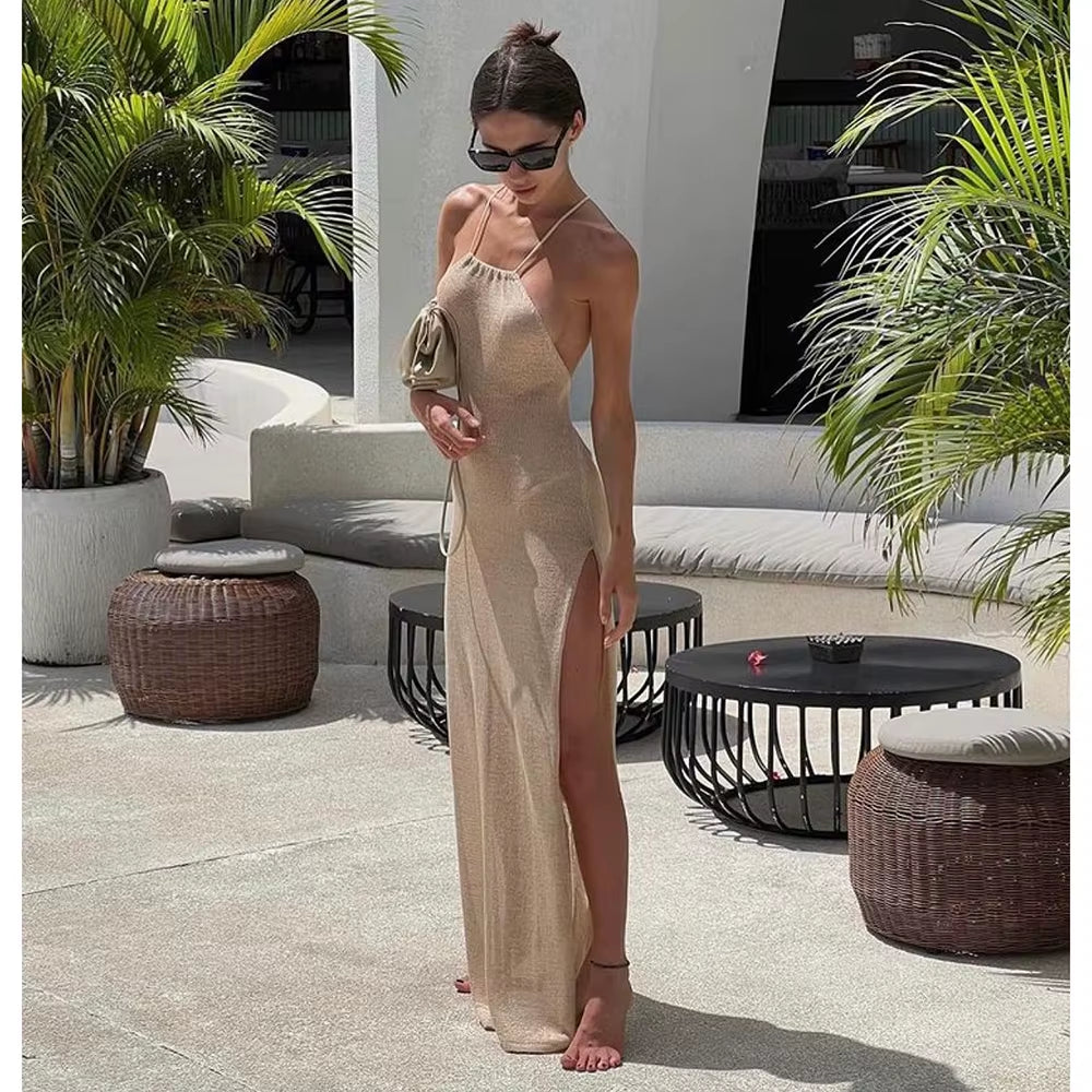 2024 Kintted Cover up Beach Sexy See through Maxi Slit Bodycon Summer Dress Bikinis Cover-Ups Elegant Halter Beachdress