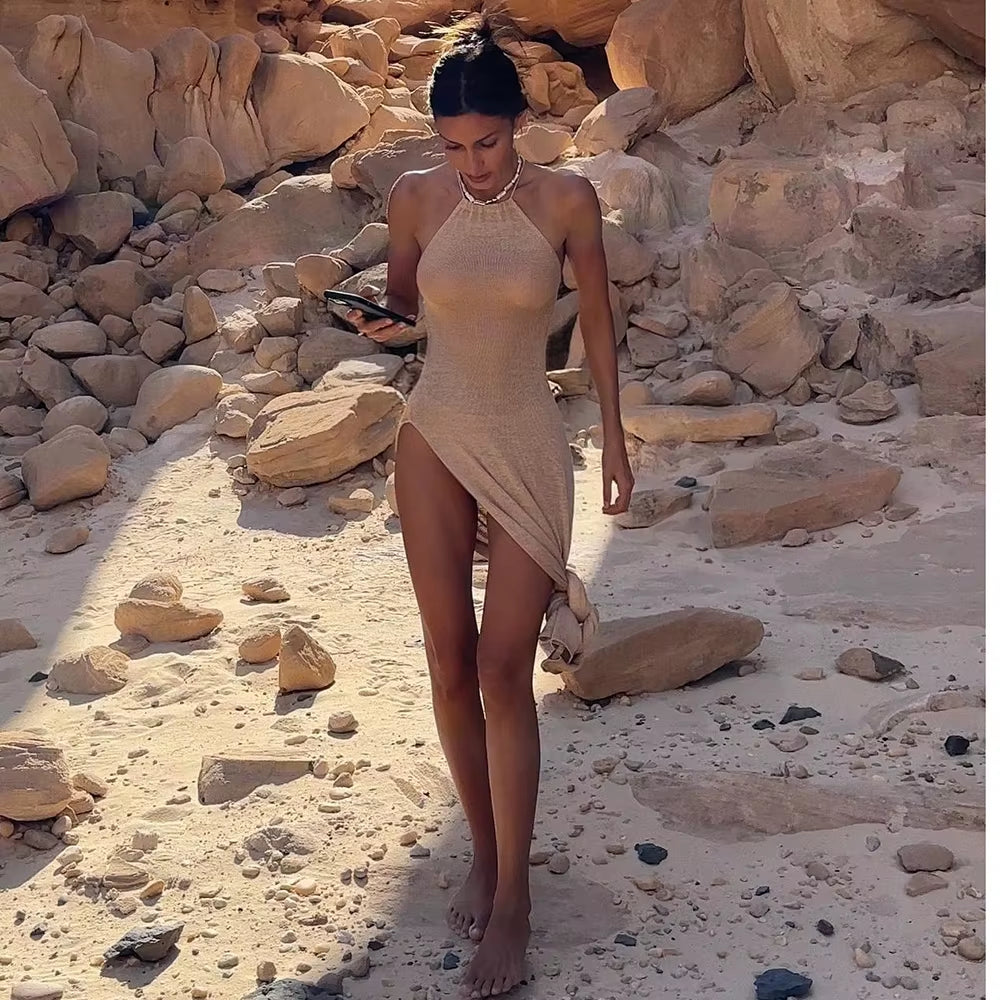 2024 Kintted Cover up Beach Sexy See through Maxi Slit Bodycon Summer Dress Bikinis Cover-Ups Elegant Halter Beachdress